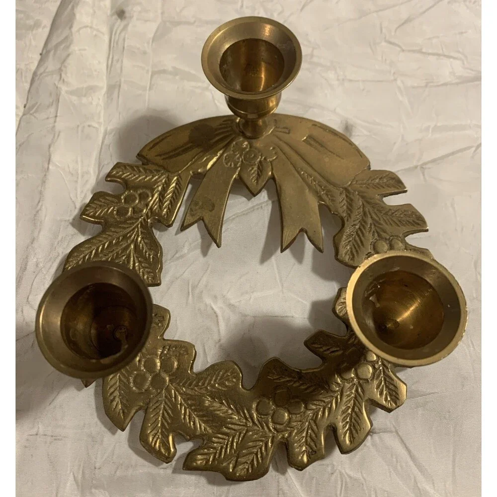 Vintage Solid Brass Christmas Wreath Holiday Candle Holder Candlestick India